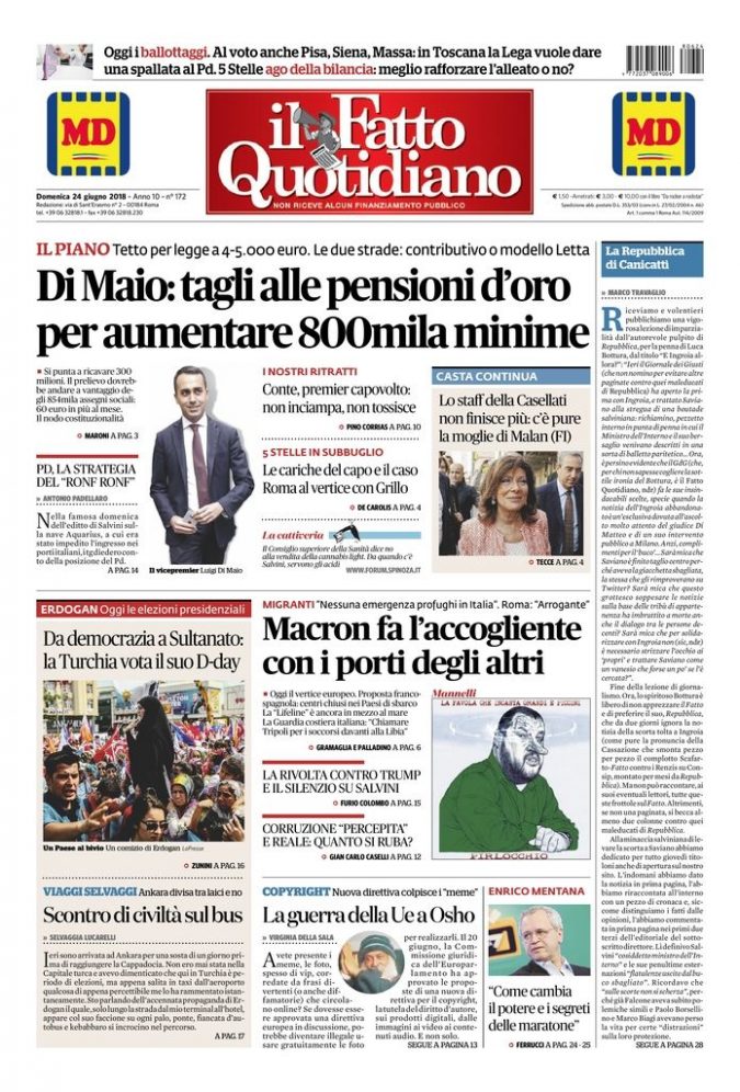 Copertina di domenica 24 giugno 2018