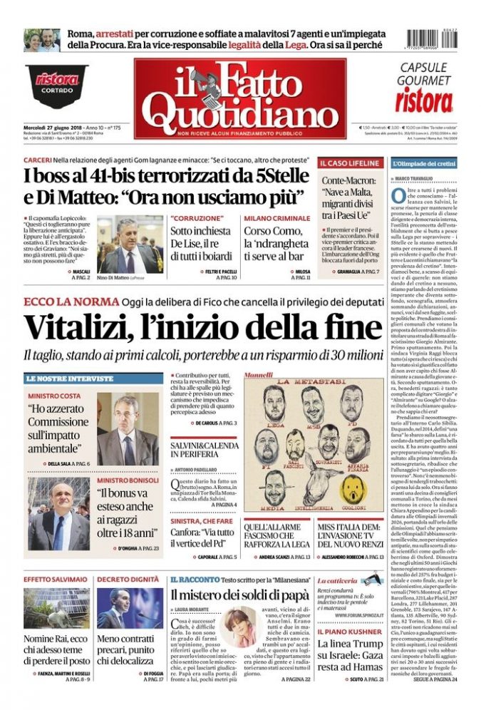 Copertina de Il Fatto Quotidiano di Mer 27 Giugno 2018