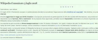 Copertina di Wikipedia oscurata in protesta contro direttiva copyright. Ue: “Non la tocca”. M5s chiede modifiche al testo