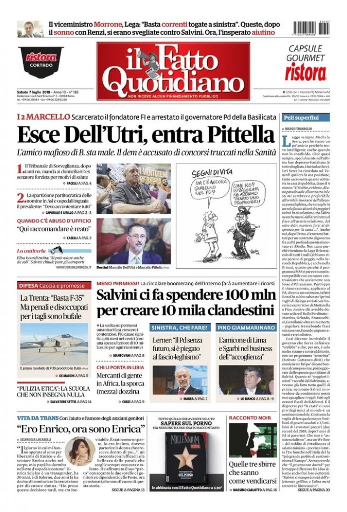 Copertina de Il Fatto Quotidiano di Sab 7 Luglio 2018