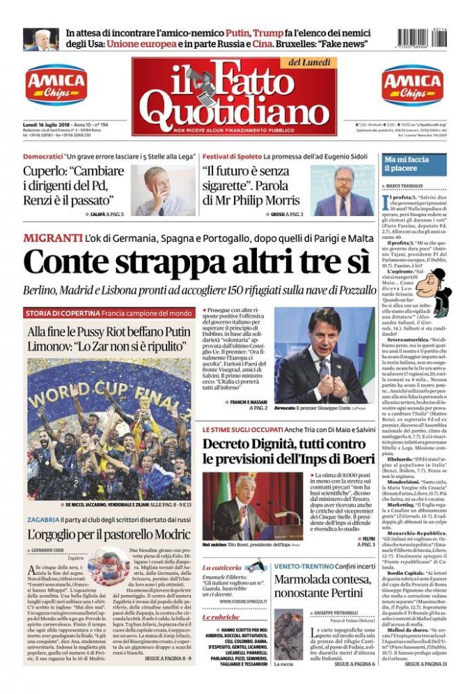 Copertina di lunedì 16 luglio 2018