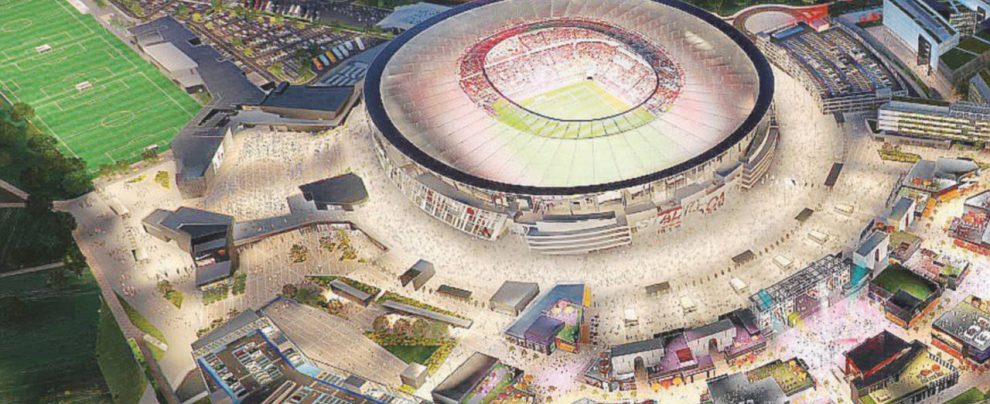 - Un rendering del progetto dello Stadio dell’As Roma - Ansa Stadio della Roma in pausa. Un nuovo studio sul traffico