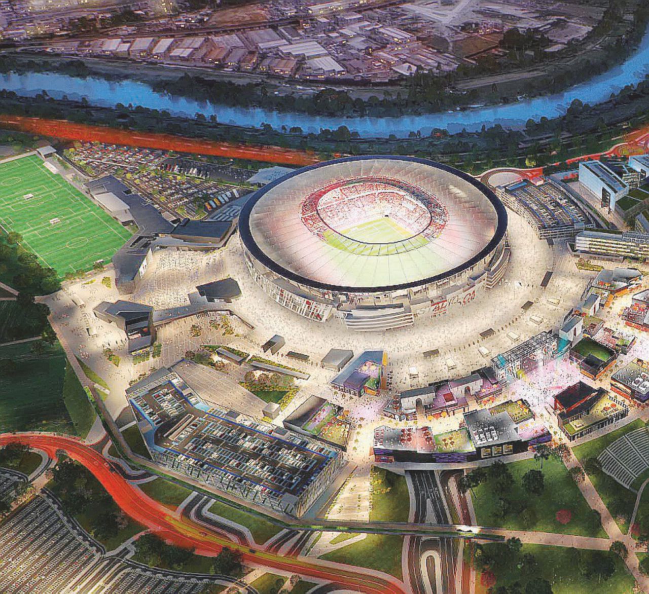 - Un rendering del progetto dello Stadio dell’As Roma - Ansa Stadio della Roma in pausa. Un nuovo studio sul traffico