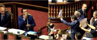 Copertina di Fondi Lega, al Senato protesta del Pd contro Salvini. Il ministro manda baci e fa foto, ma Casellati lo richiama