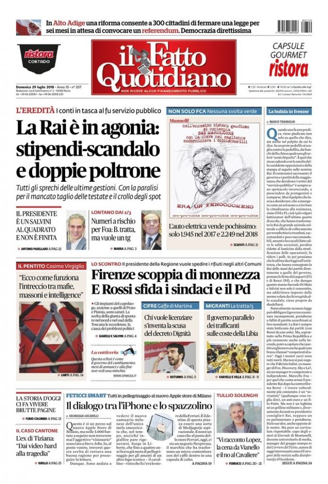 Copertina di domenica 29 luglio 2018