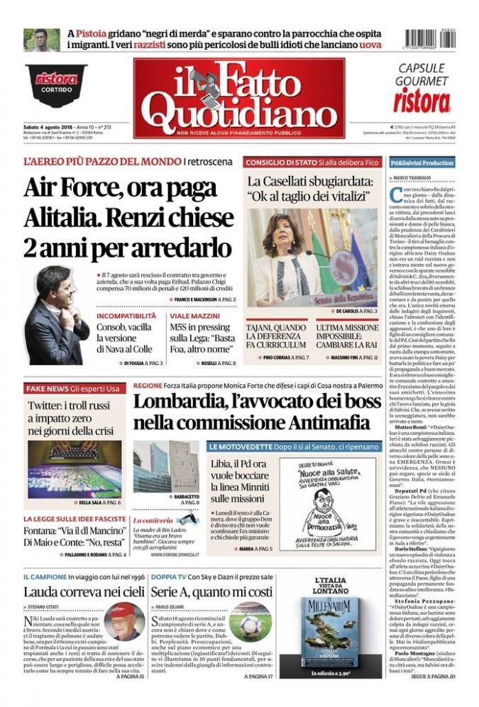 Copertina di sabato 4 agosto 2018