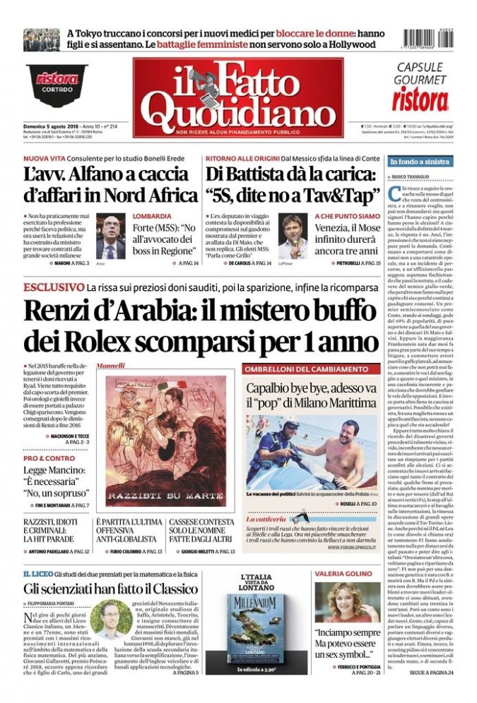 Copertina di domenica 5 agosto 2018