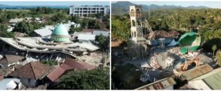 Copertina di Terremoto Indonesia, le immagini di Lombok dal drone: quartieri distrutti e moschea crollata