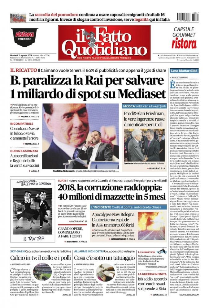 Copertina di martedì 7 agosto 2018