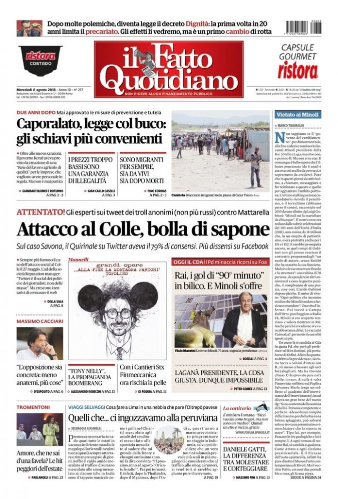 Copertina de Il Fatto Quotidiano di Mer 8 Agosto 2018