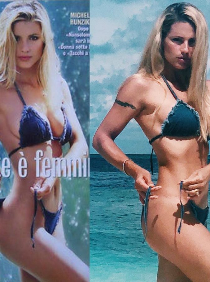 Michelle Hunziker: stesso bikini e stessa posa. Dopo 20 anni l’effetto è lo stesso