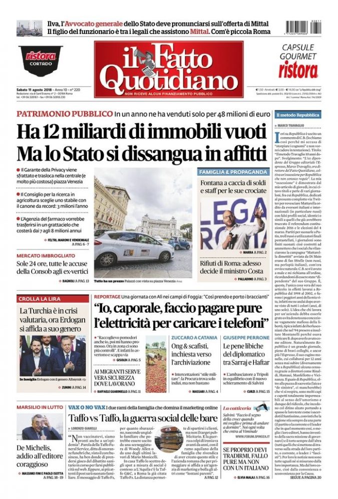 Copertina di sabato 11 agosto 2018