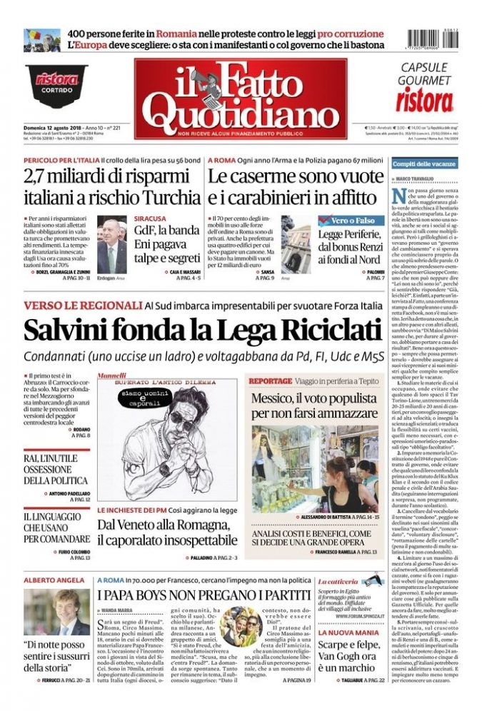 Copertina di domenica 12 agosto 2018