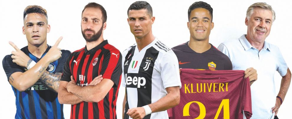 Cinque colpi - Da sinistra i pezzi pregiati di Inter, Milan, Juventus, Roma e Napoli: Martinez, Higuain, Cristiano Ronaldo, Kluivert e Ancelotti È finita la fiera: i sogni