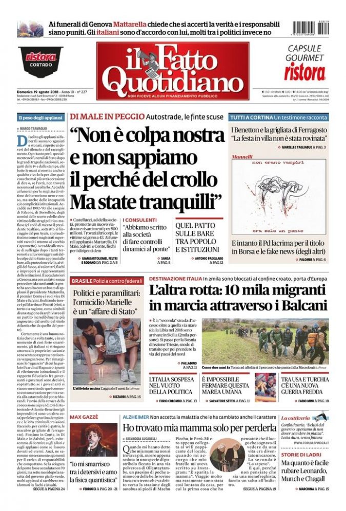 Copertina di domenica 19 agosto 2018