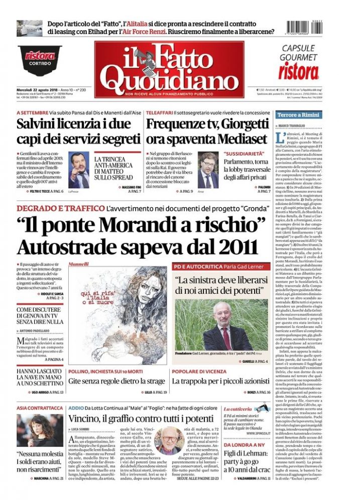 Copertina di mercoledì 22 agosto 2018