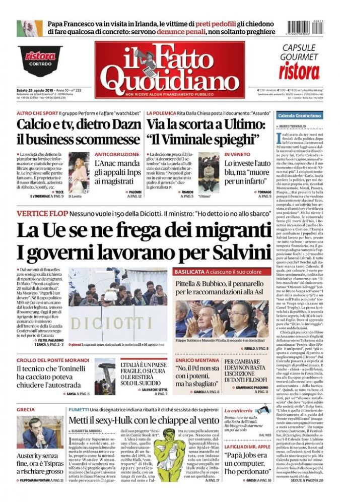 Copertina di sabato 25 agosto 2018