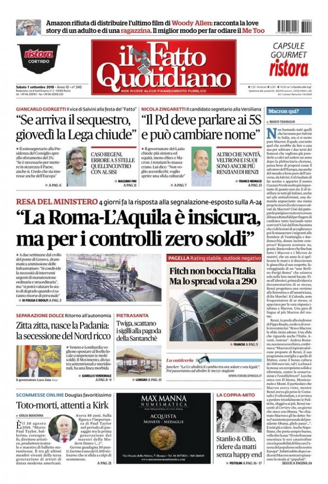 Copertina di sabato 1 settembre 2018