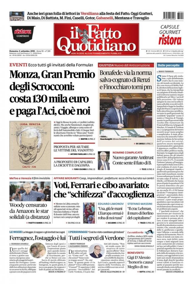 Copertina di domenica 2 settembre 2018