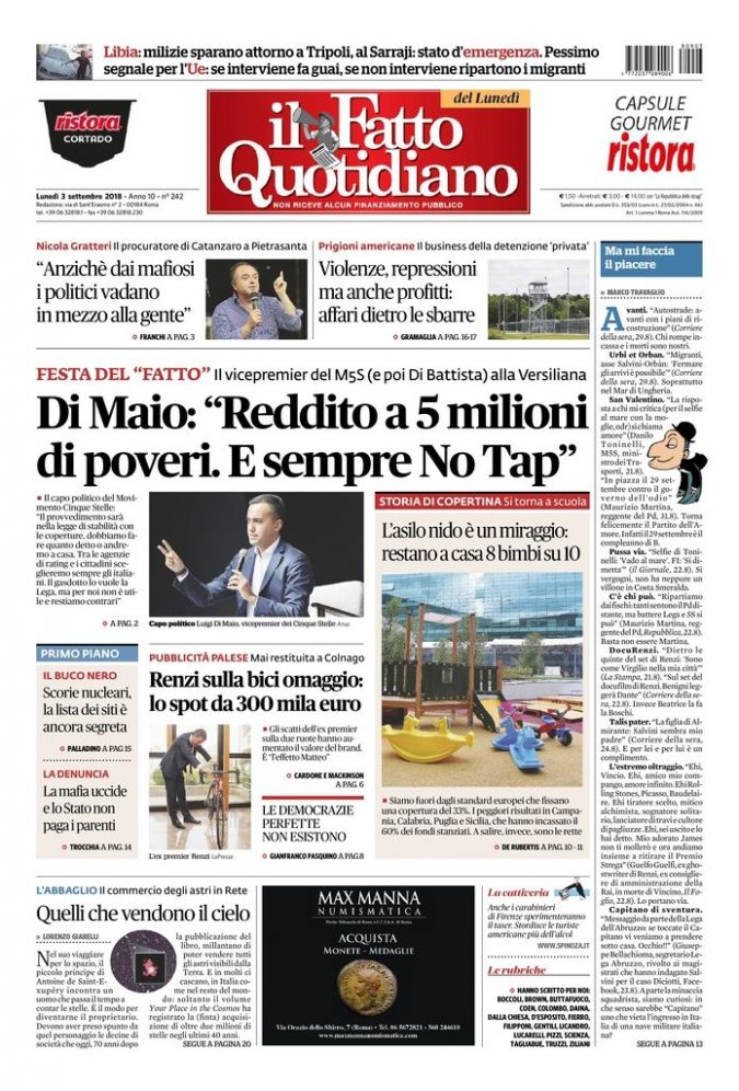 Copertina di lunedì 3 settembre 2018