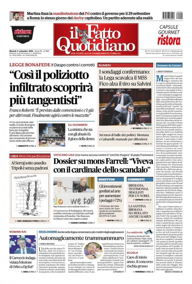 Copertina di martedì 4 settembre 2018