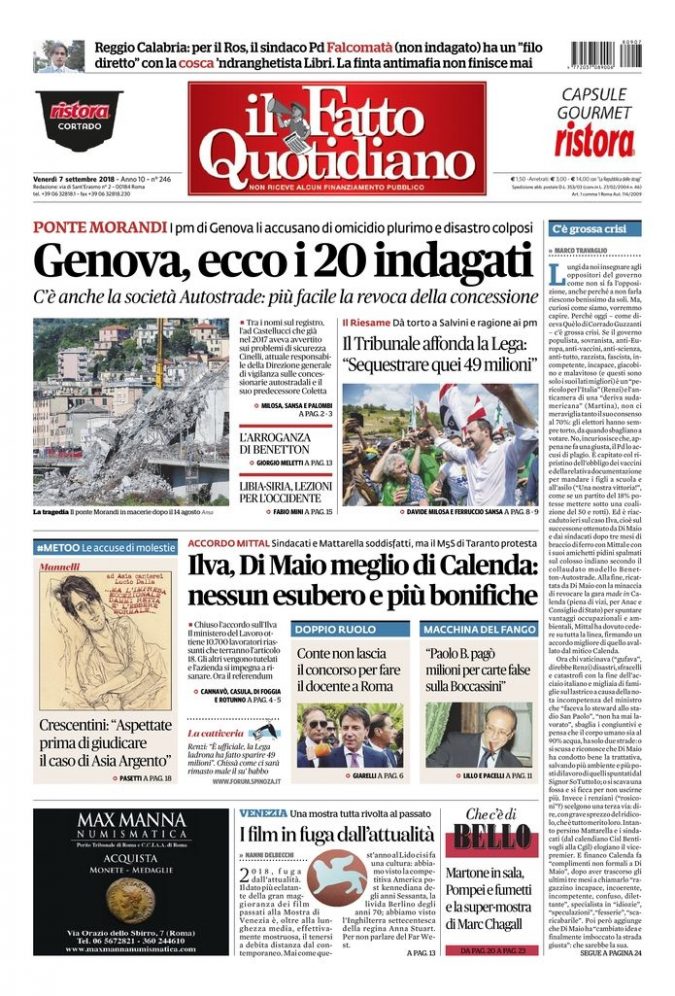 Copertina di venerdì 7 settembre 2018