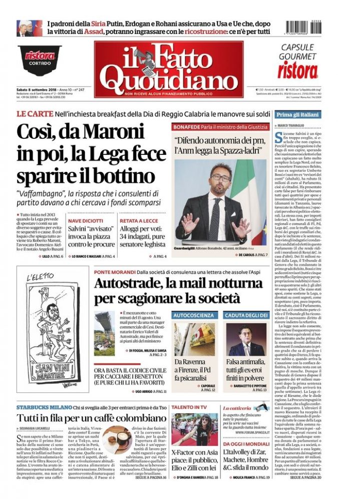 Copertina di sabato 8 settembre 2018