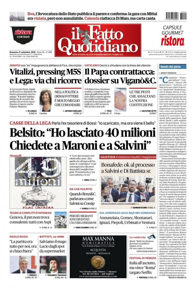 Copertina de Il Fatto Quotidiano di Dom 9 Settembre 2018