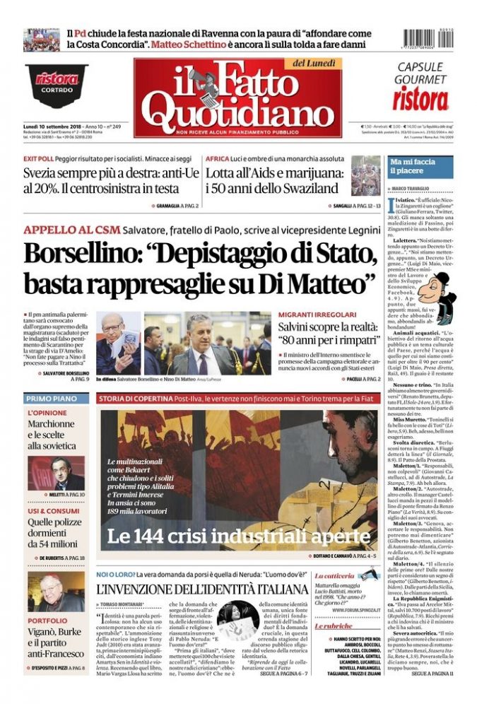 Copertina di lunedì 10 settembre 2018