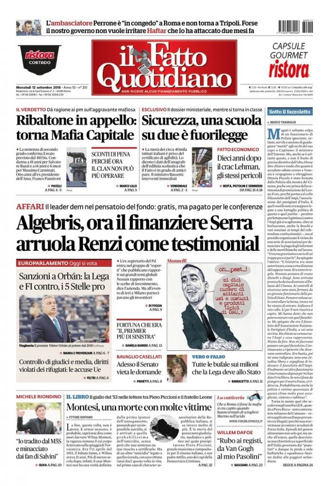 Copertina di mercoledì 12 settembre 2018