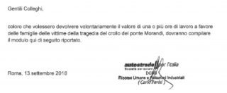 Copertina di Ponte Morandi, polemica su Autostrade “Chiede a lavoratori colletta per vittime”. “No, iniziativa volontaria dei dipendenti”