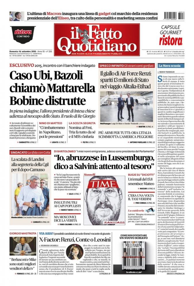 Copertina di domenica 16 settembre 2018