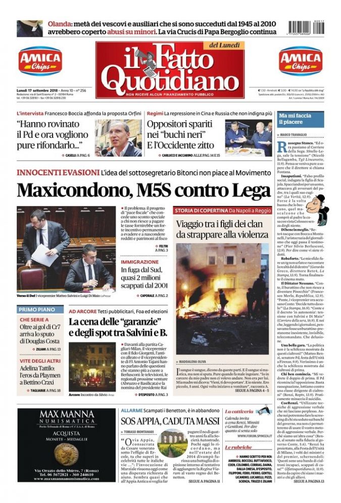 Copertina di lunedì 17 settembre 2018