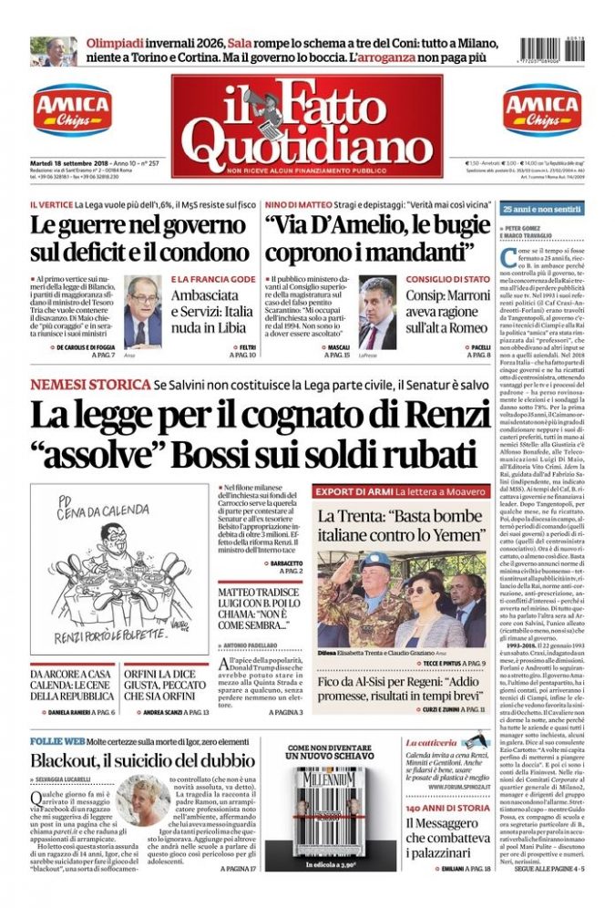 Copertina di martedì 18 settembre 2018