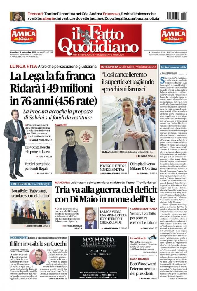 Copertina di mercoledì 19 settembre 2018