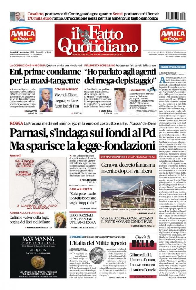 Copertina di venerdì 21 settembre 2018