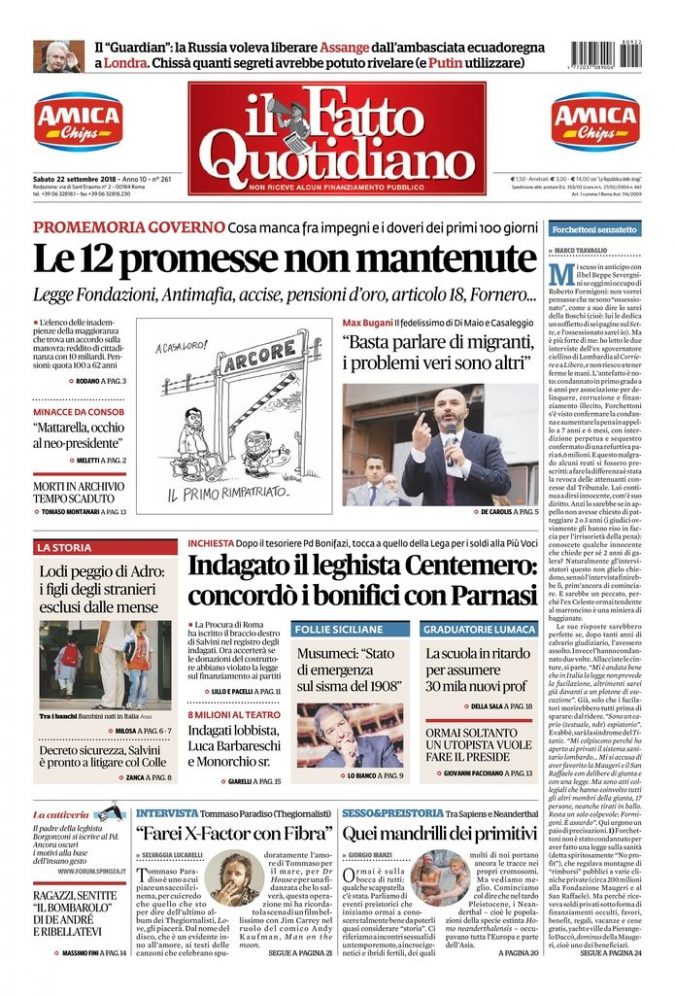 Copertina di sabato 22 settembre 2018