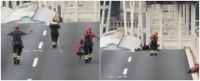 Copertina di Genova, uomo in bilico sul baratro di ponte Morandi. Il salvataggio dei vigili del Fuoco: “Non farlo”