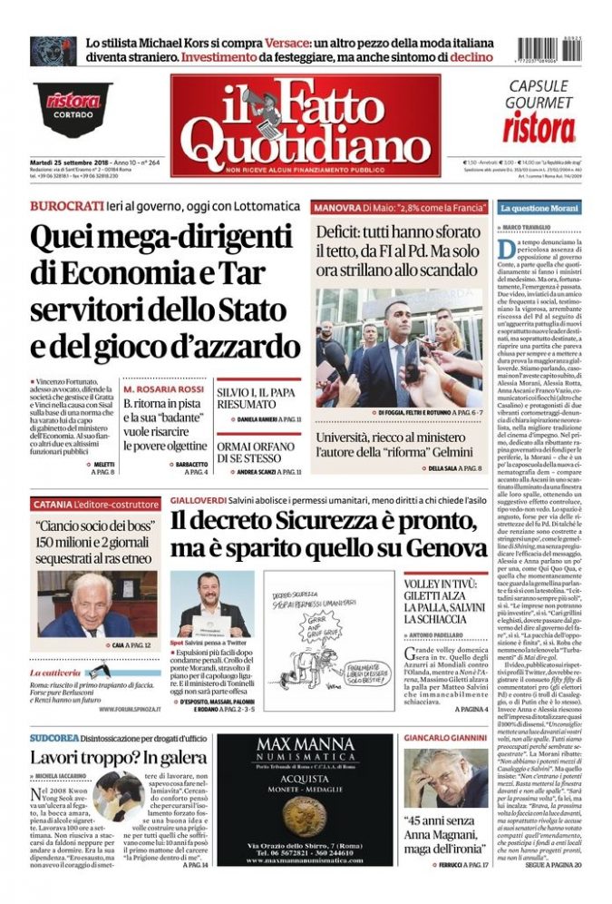 Copertina di martedì 25 settembre 2018