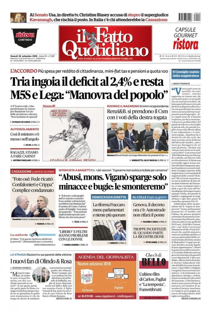 Copertina di venerdì 28 settembre 2018