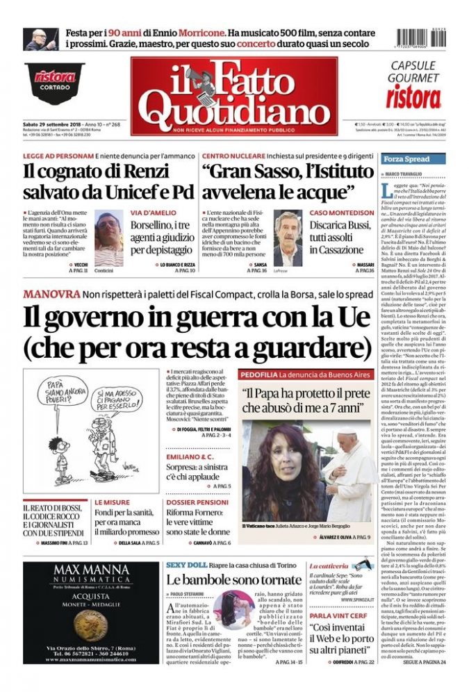 Copertina di sabato 29 settembre 2018