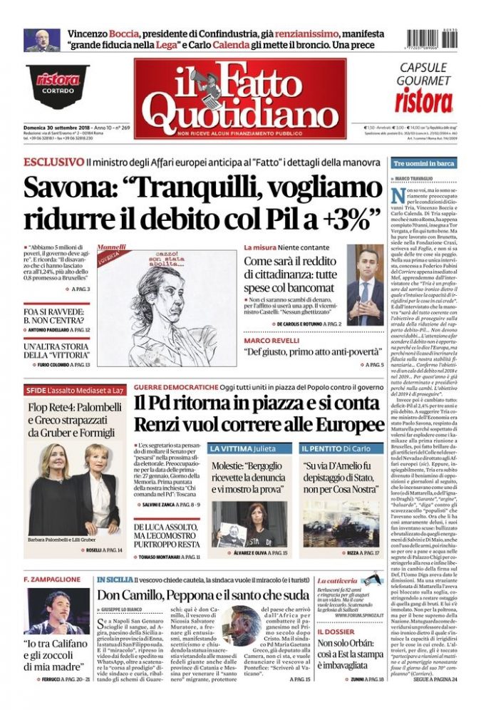 Copertina di domenica 30 settembre 2018