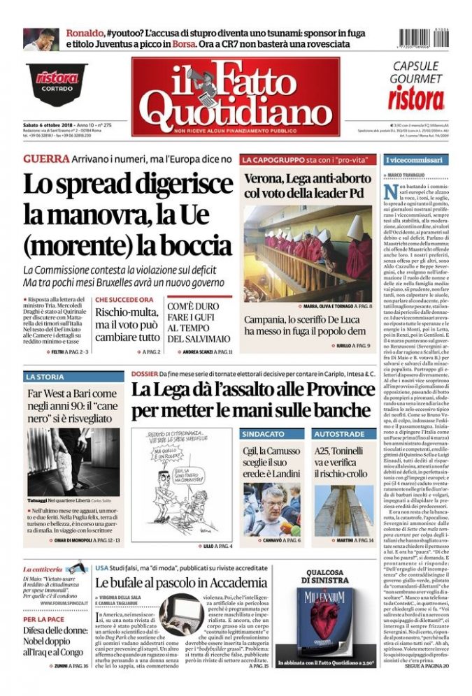 Copertina di sabato 6 ottobre 2018