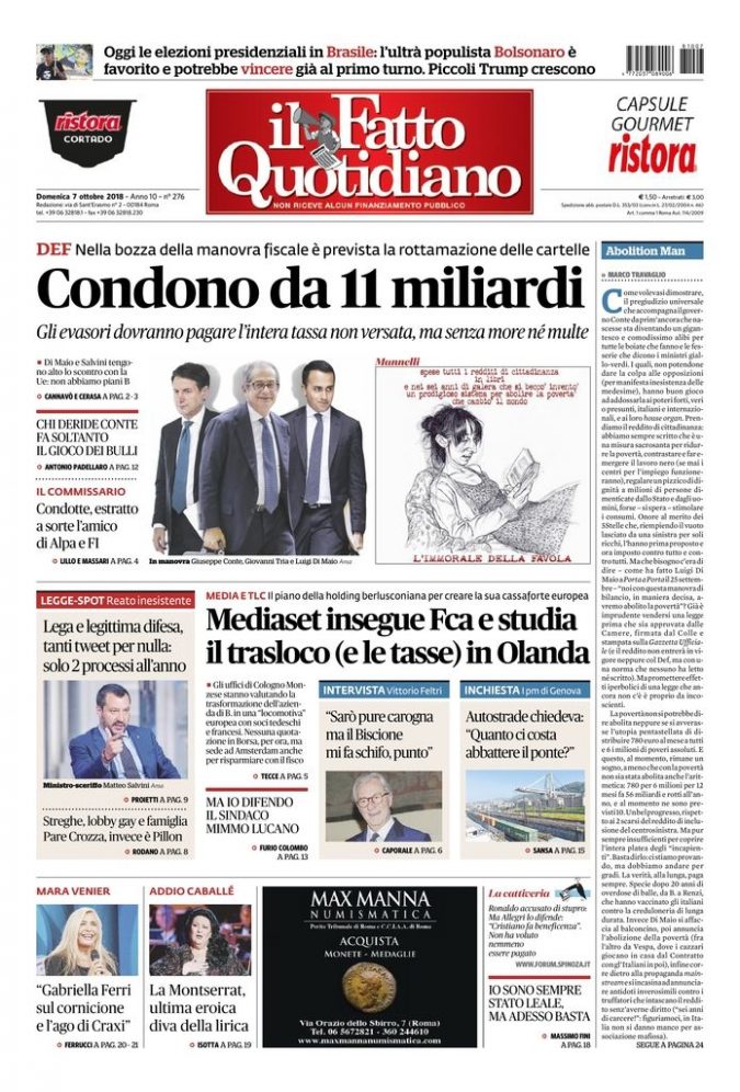 Copertina di domenica 7 ottobre 2018