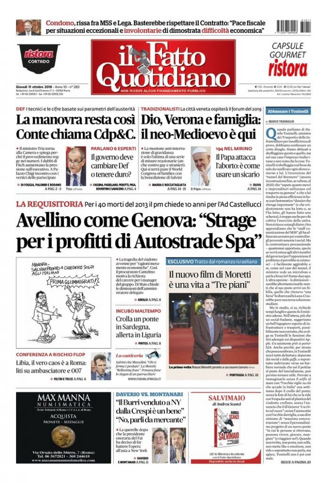 Copertina di giovedì 11 ottobre 2018