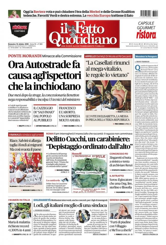 Copertina di domenica 14 ottobre 2018