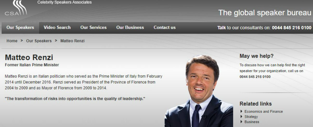 Matteo Renzi si offre come speaker per convegni nel mondo: “Quanto costa ingaggiarlo? 20mila euro”