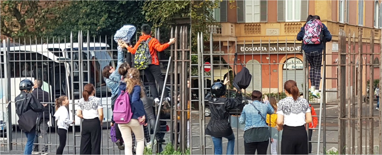Copertina di Roma, cancellate chiuse al Colle Oppio: bambini costretti a scavalcare per andare a scuola