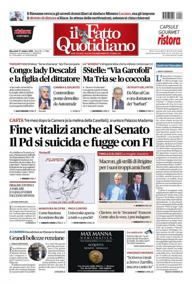 Copertina di mercoledì 17 ottobre 2018