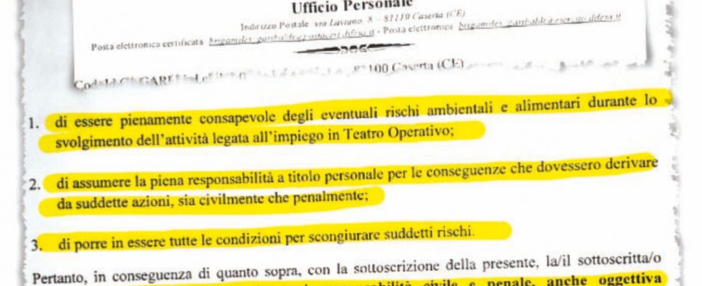 La liberatoria chiesta ai militari della Brigata Garibaldi - Ansa I nostri militari all’estero. “A loro rischio e pericolo”